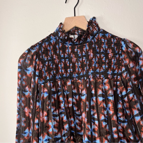 Elan Women's Brown Geo Foil Celia Dress Medium Long Sleeve High Neck Babydoll - Picture 4 of 10